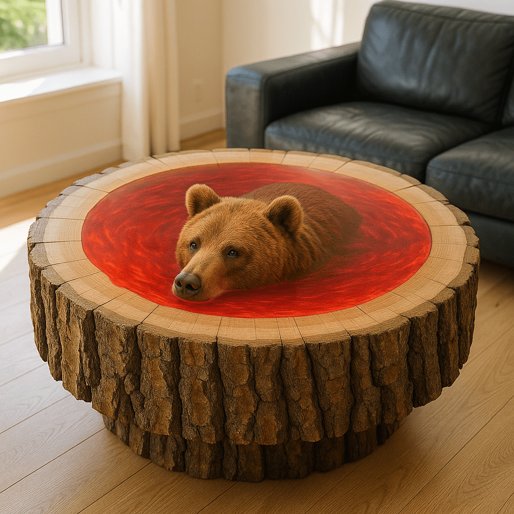 Bear coffee table designed with vibrant red resin water and bear sculpture, rustic wooden trunk base.