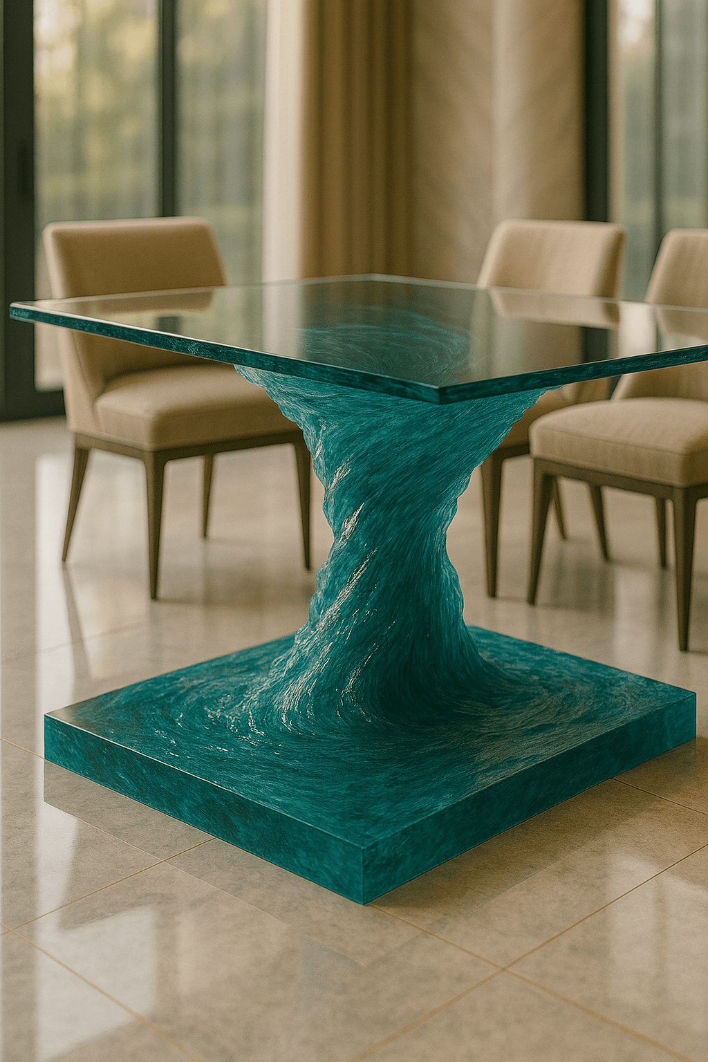 Elegant square dining table featuring a swirling ocean-inspired resin base and clear glass top