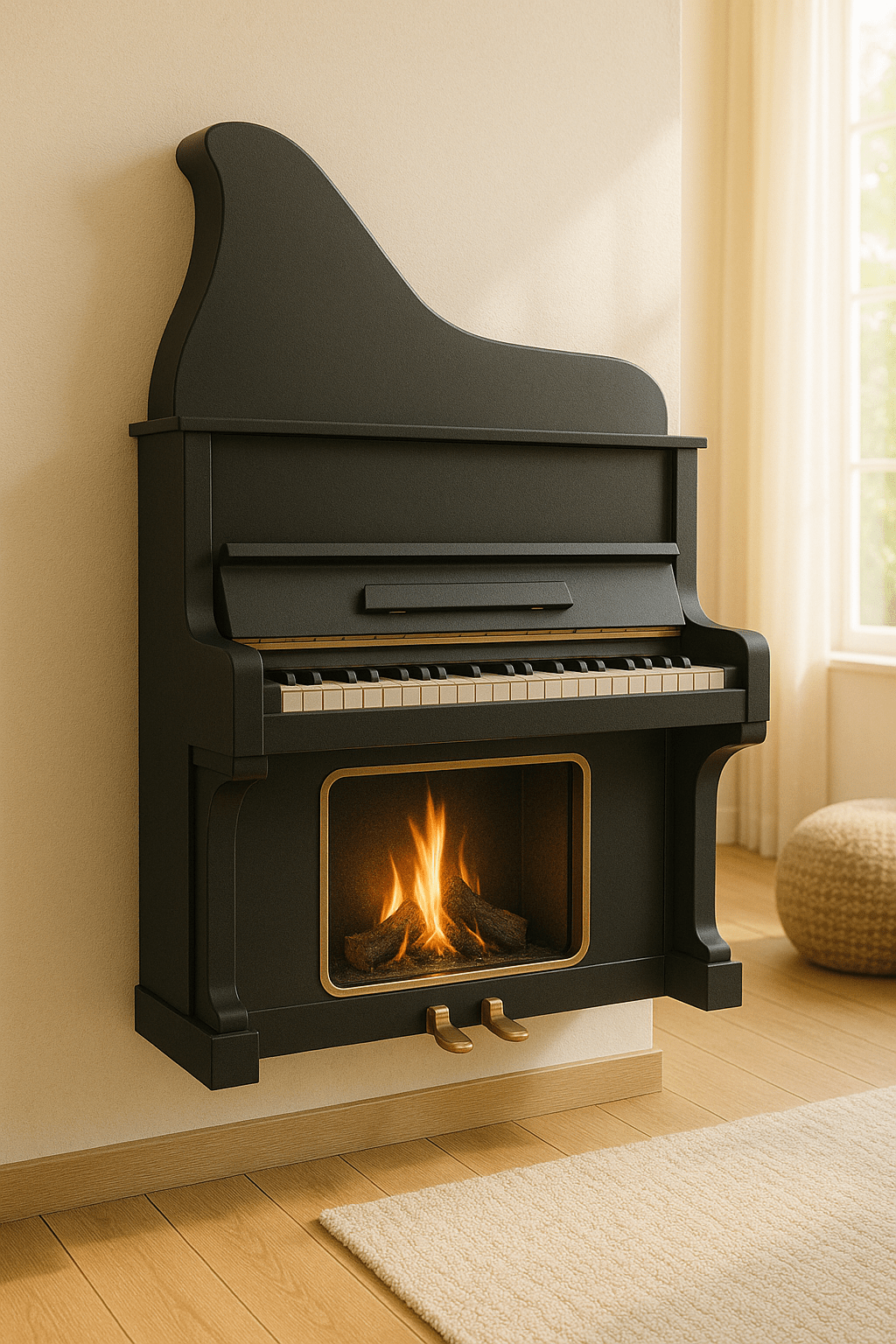 Black piano-shaped wall fireplace with glowing flames in a modern living room.