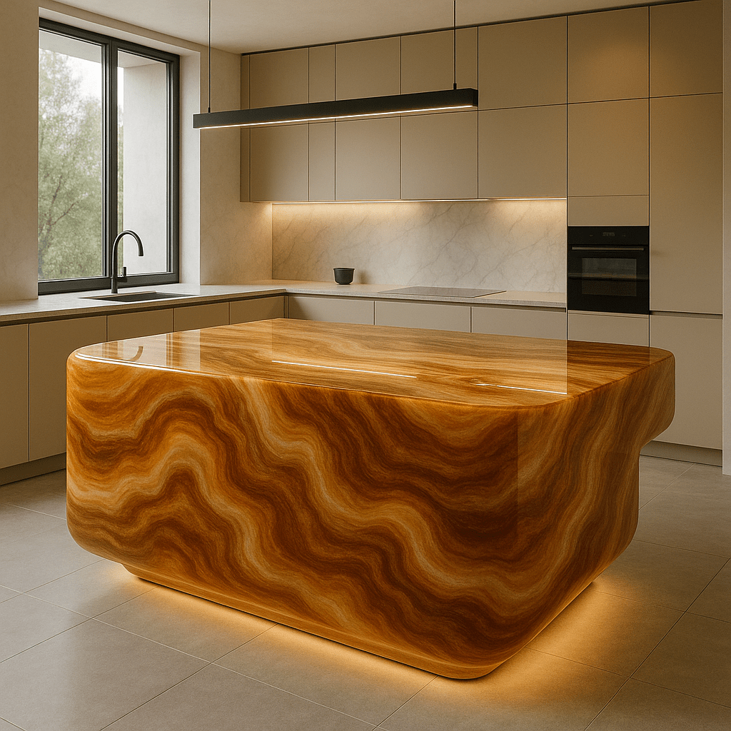 Radiant golden gemstone kitchen island with wave-like textures and under-lighting in a luxury modern kitchen