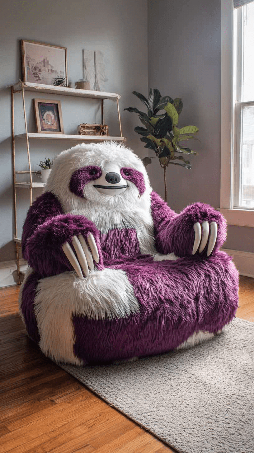  Purple and white sloth chair with claw-shaped armrests in a bright living room.