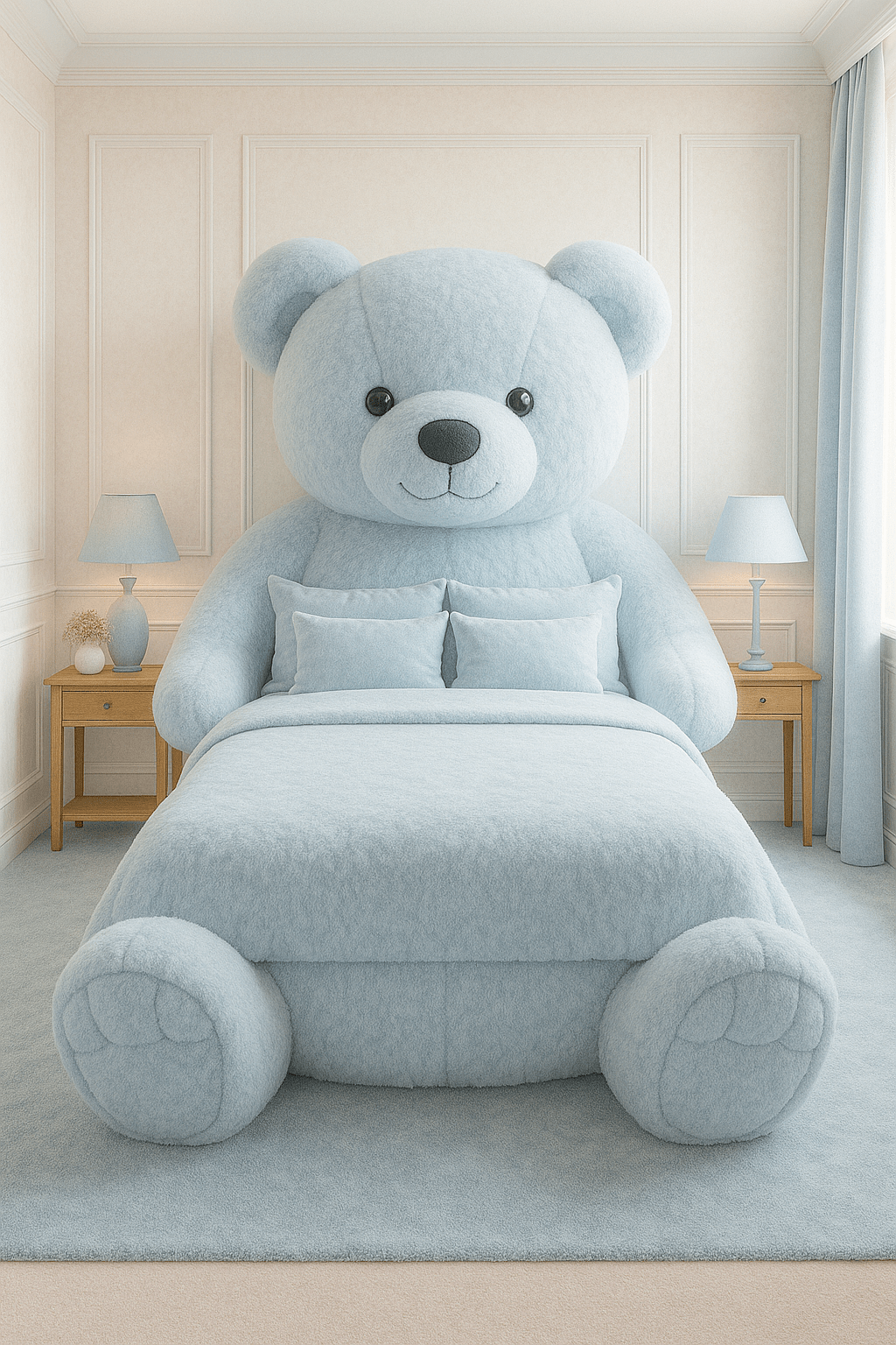 A pastel blue oversized teddy bear bed in a tranquil, softly styled bedroom with matching accents.