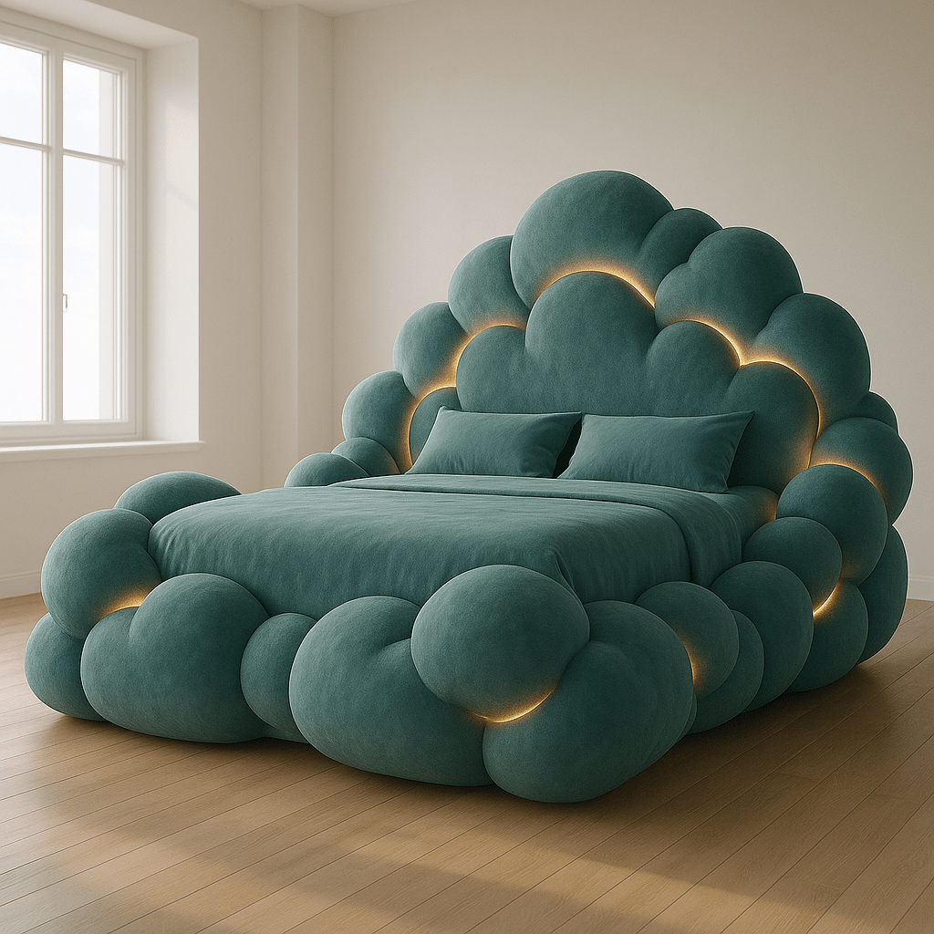Dramatic dark green cloud bed with integrated warm lighting in a minimalist interior.
