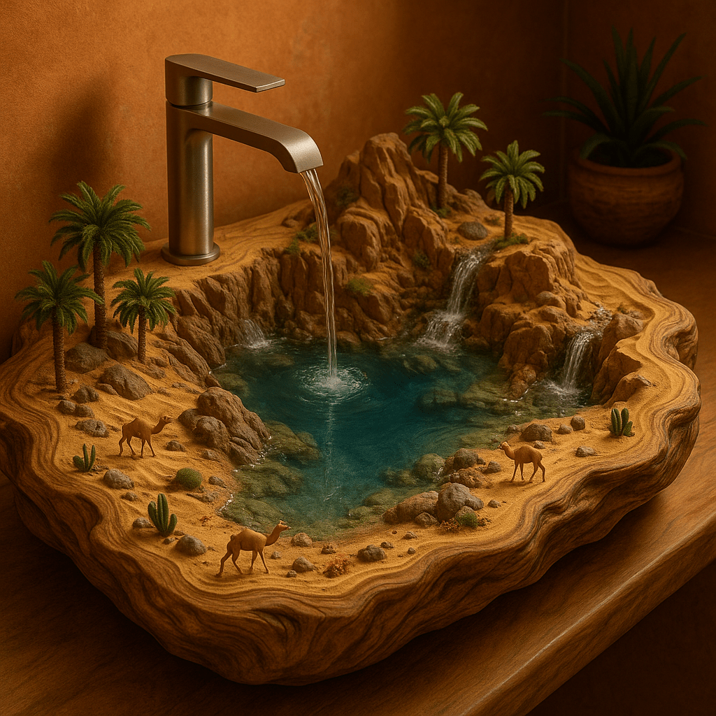 A fantasy bathroom sink designed as a desert oasis with camels, palm trees, and rocky waterfalls.