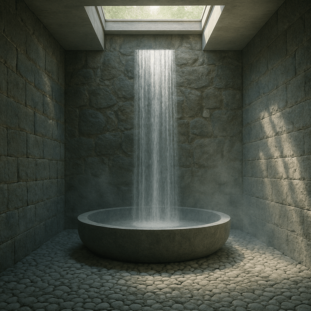Modern spa retreat with a round stone bath and waterfall framed by textured grey stone walls