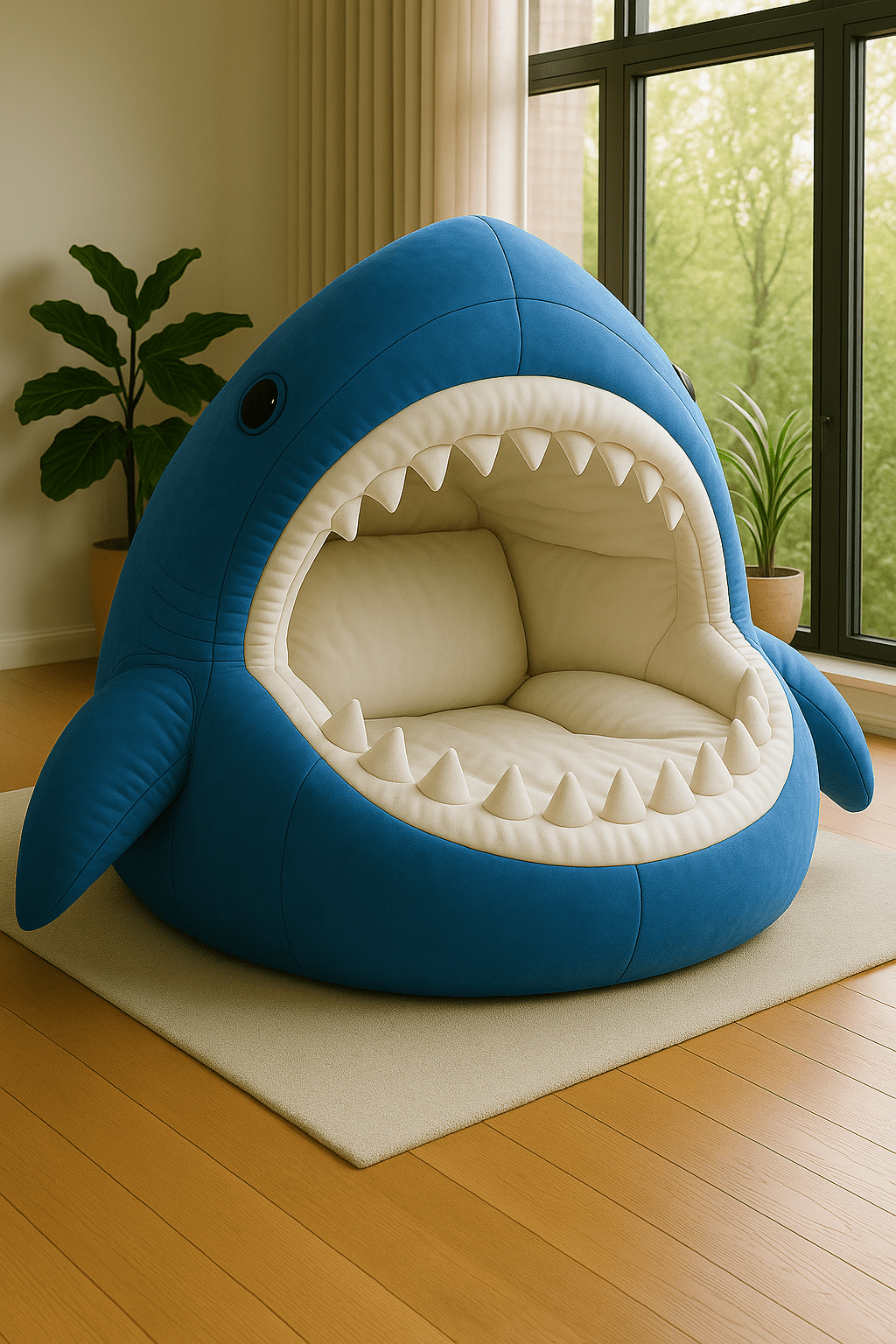 Bold blue shark armchair featuring soft cushions and novelty shark design in a modern home.