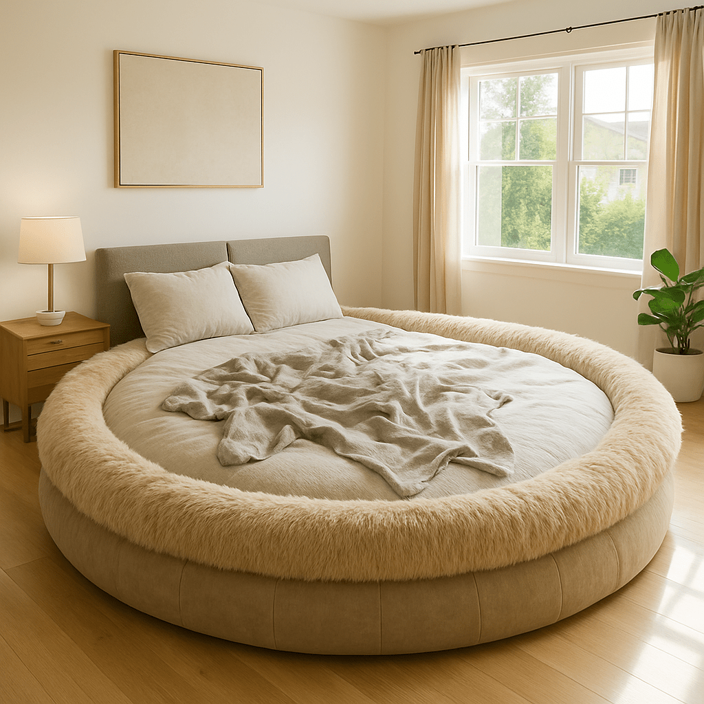 Beige round bed with cream fur trim and light bedding in a minimalistic bedroom.