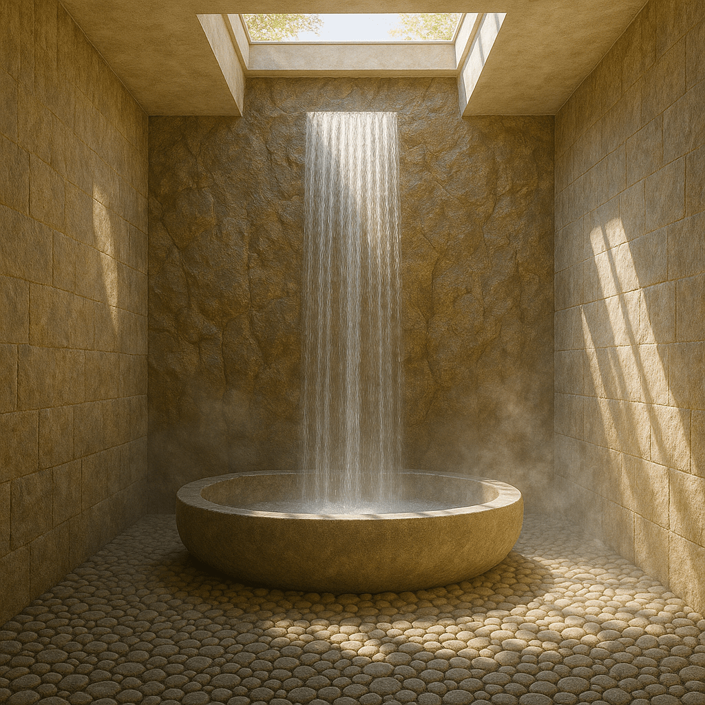 Relaxing wellness space with a circular stone bath and waterfall, set within golden beige stone walls