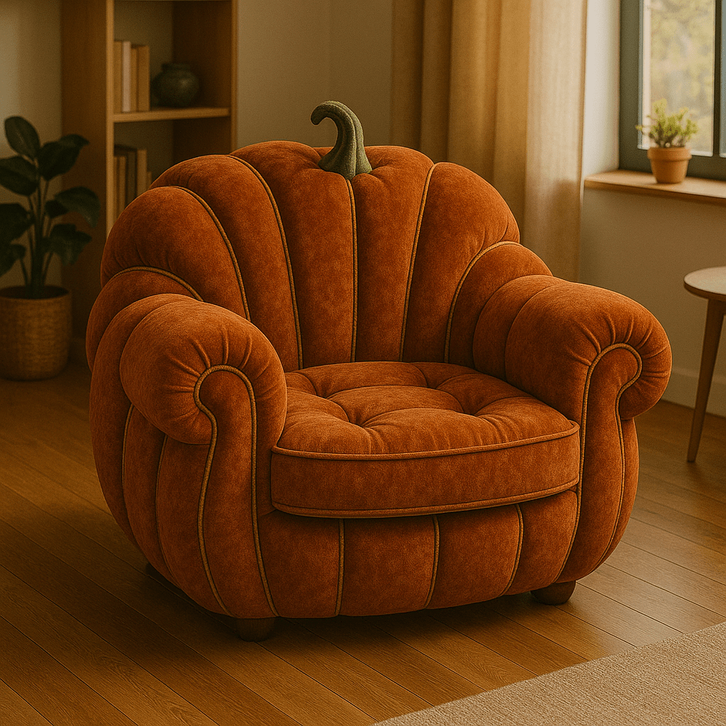 Terracotta-toned pumpkin-shaped armchair with stem feature, styled in a warm wooden-floored room.