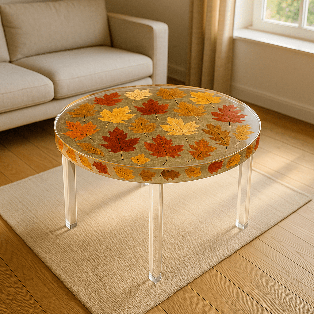 Round resin coffee table with preserved autumn leaves and clear acrylic legs on a beige rug.