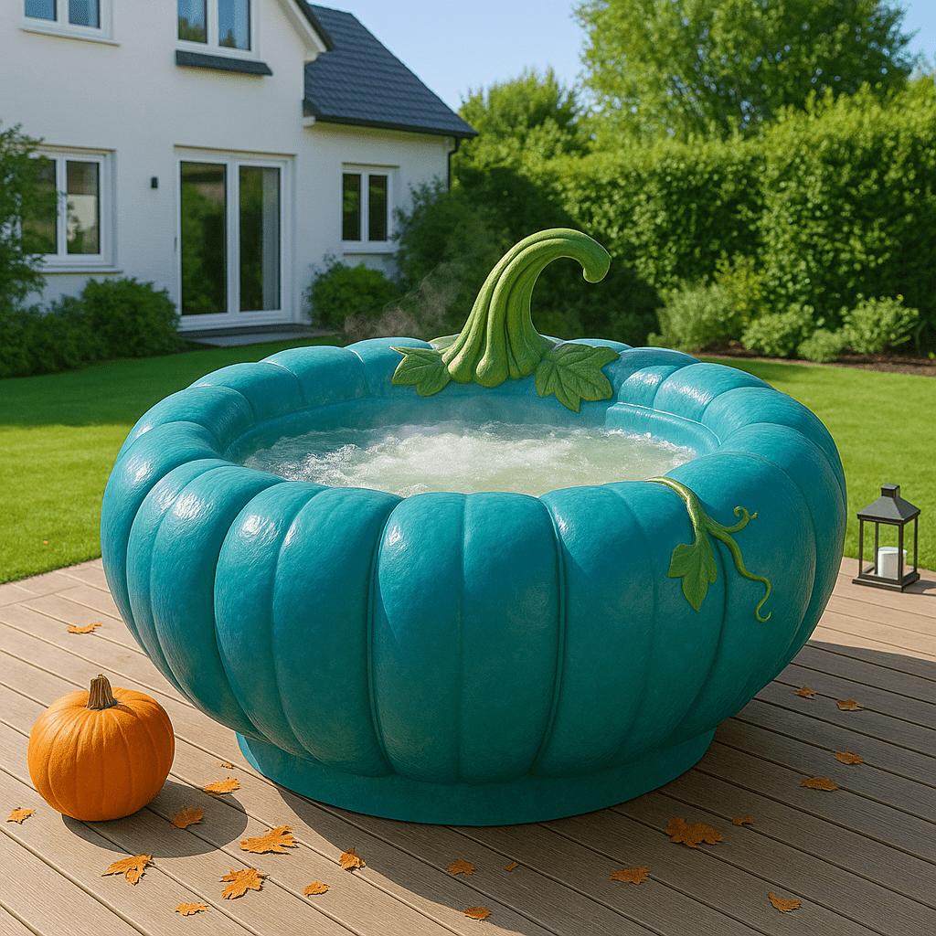 Teal pumpkin hot tub with whimsical design in a modern garden