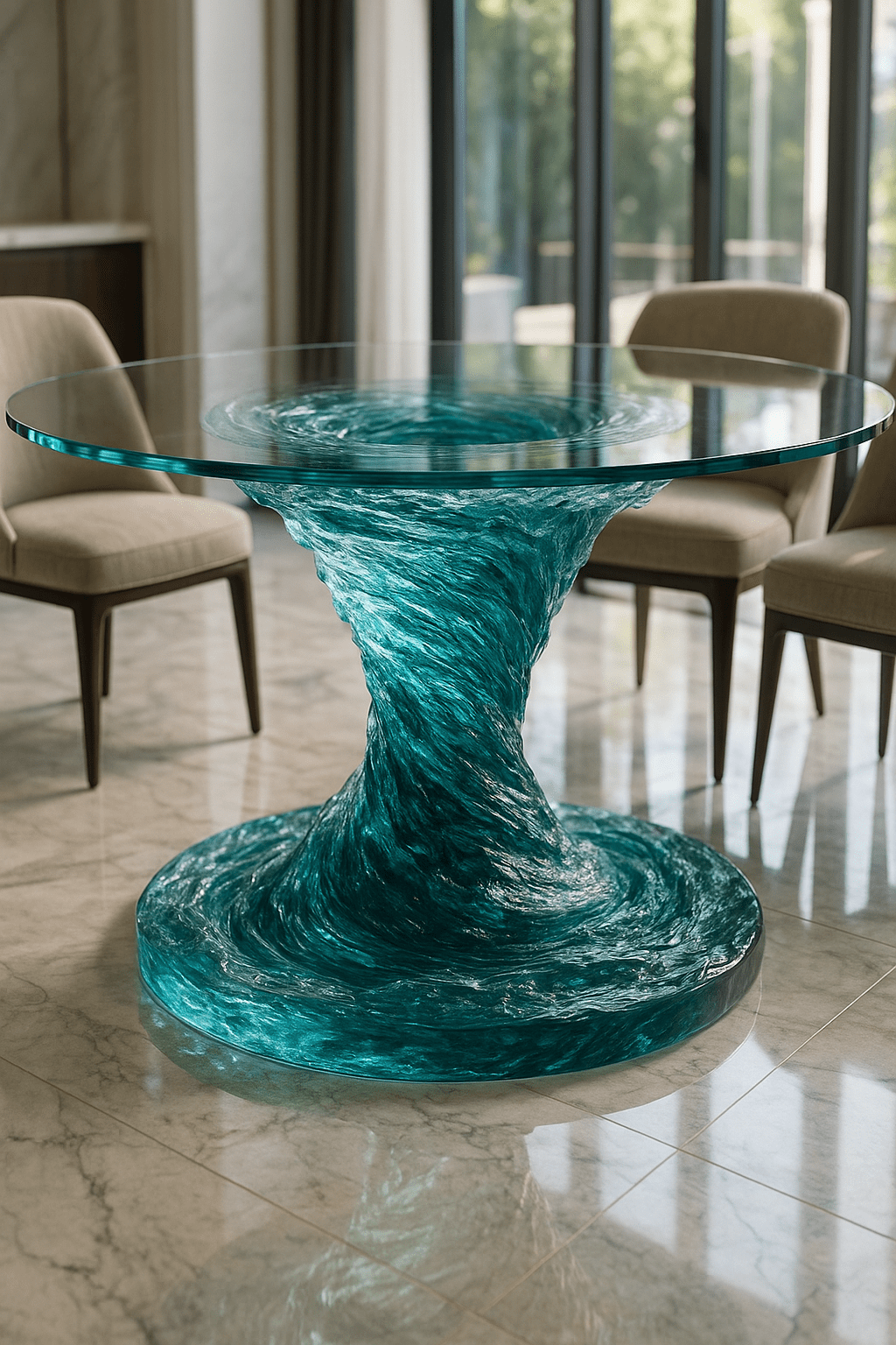 Round table with glass top and a turquoise resin vortex base resembling swirling water