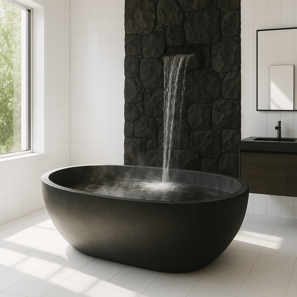 Black waterfall bathtub with dark stone wall and white tiled bathroom