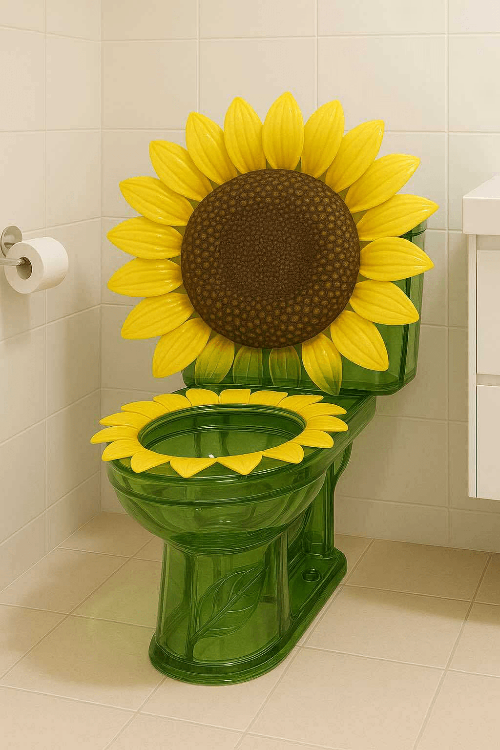 Bright green and yellow sunflower-shaped toilet with petal seat and backrest