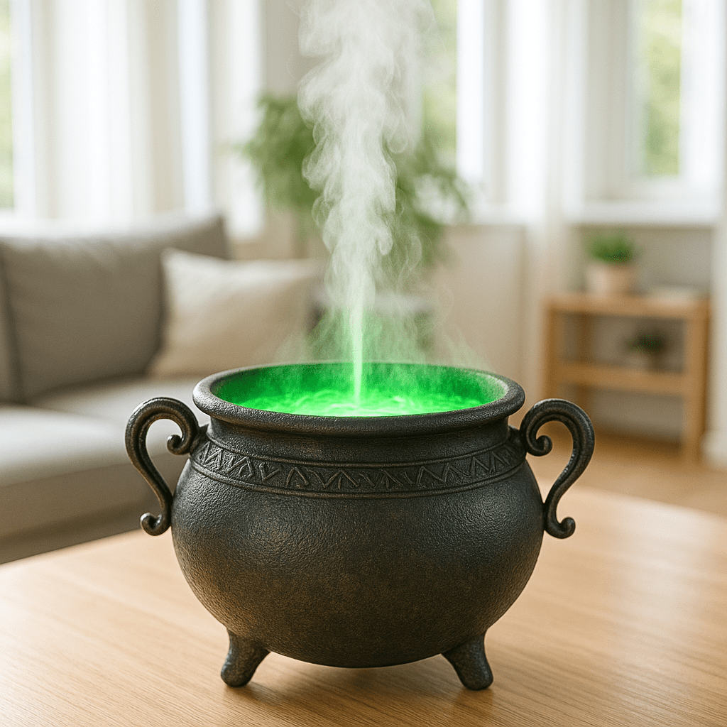 A black cauldron diffuser releasing glowing green mist in a bright living room.