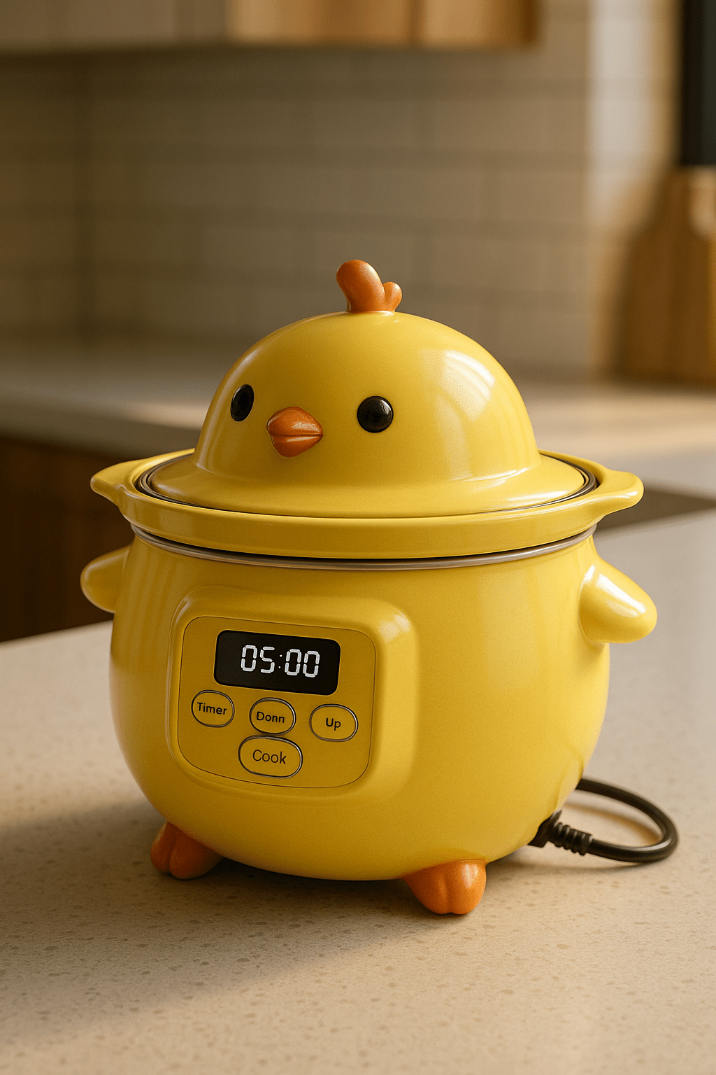 Bright yellow chick-shaped slow cooker with wings and beak, cheerful novelty kitchenware