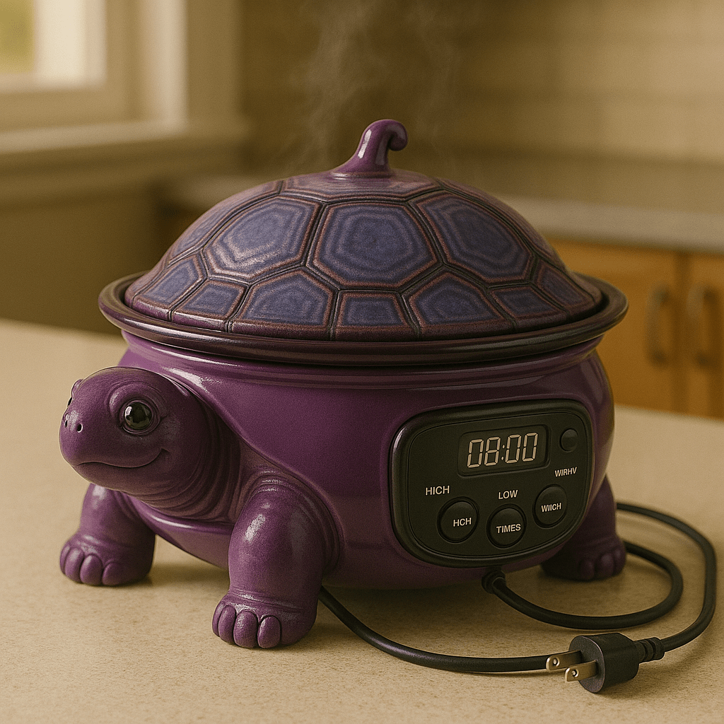 Purple turtle-shaped slow cooker with patterned shell and power cord.