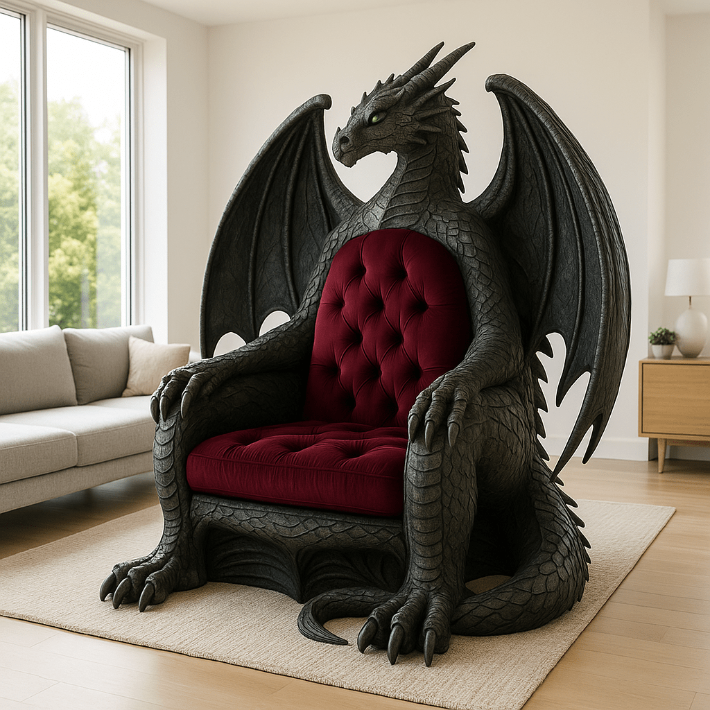 Gothic dragon throne chair with grey scales, emerald green eyes, and rich red tufted upholstery in a contemporary living room.