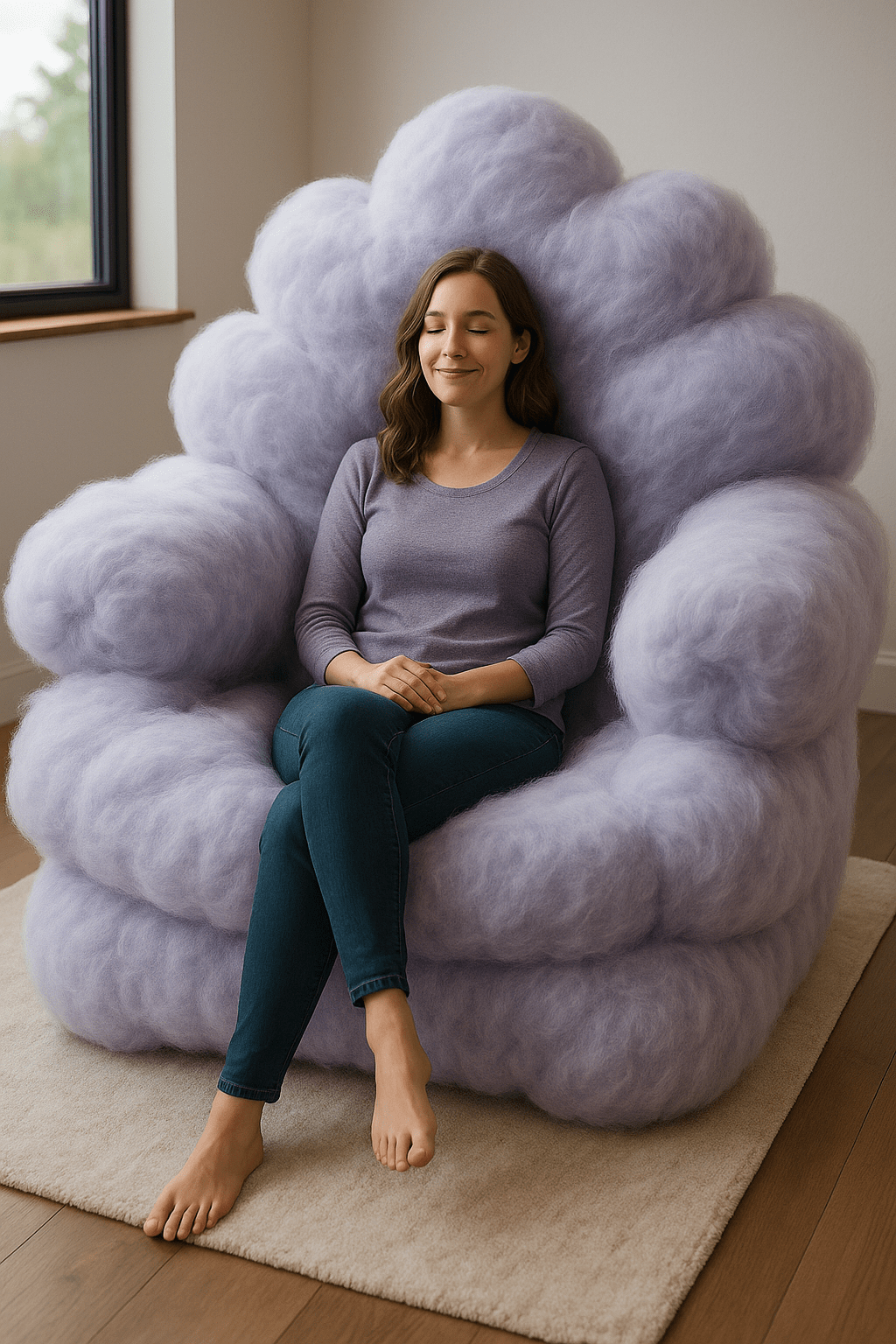 Woman sitting peacefully in a lavender cloud armchair with soft, sculpted cushions.