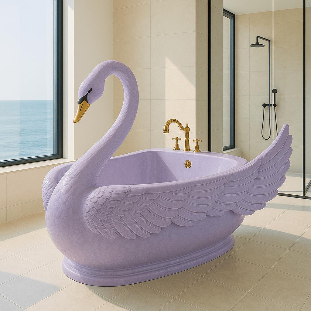 Soft lavender swan shaped bathtub with gold taps in a bright modern bathroom with ocean views.