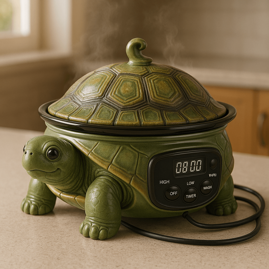 Green turtle-shaped slow cooker with ceramic body and digital display.
