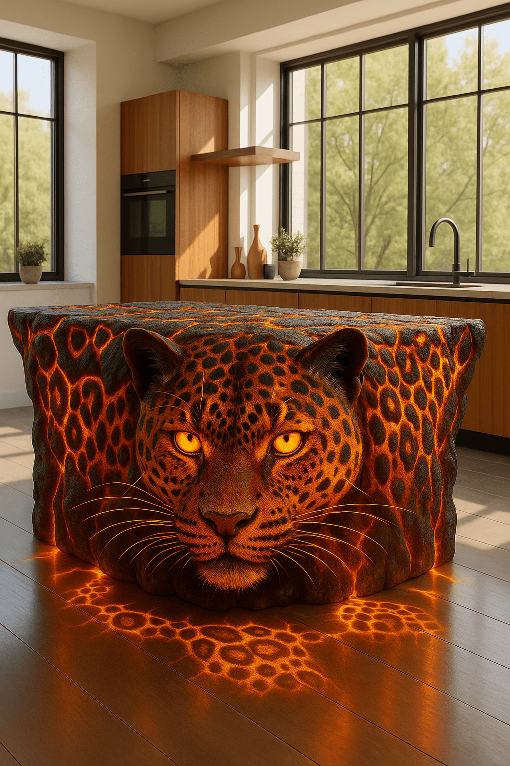 Volcanic kitchen island designed as a leopard with glowing molten spots and fiery golden eyes.