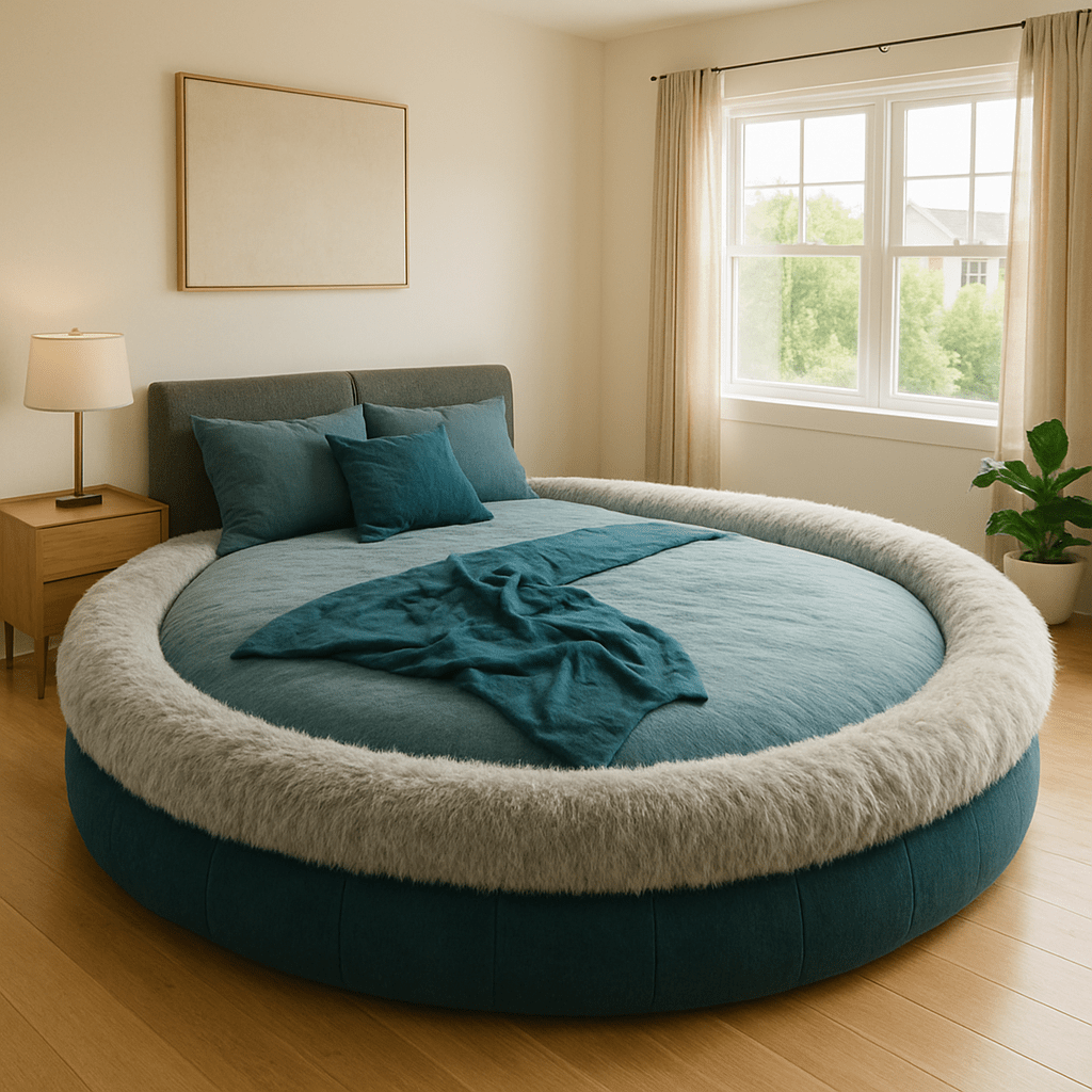 Teal round bed with grey fur trim and teal bedding in a bright bedroom.