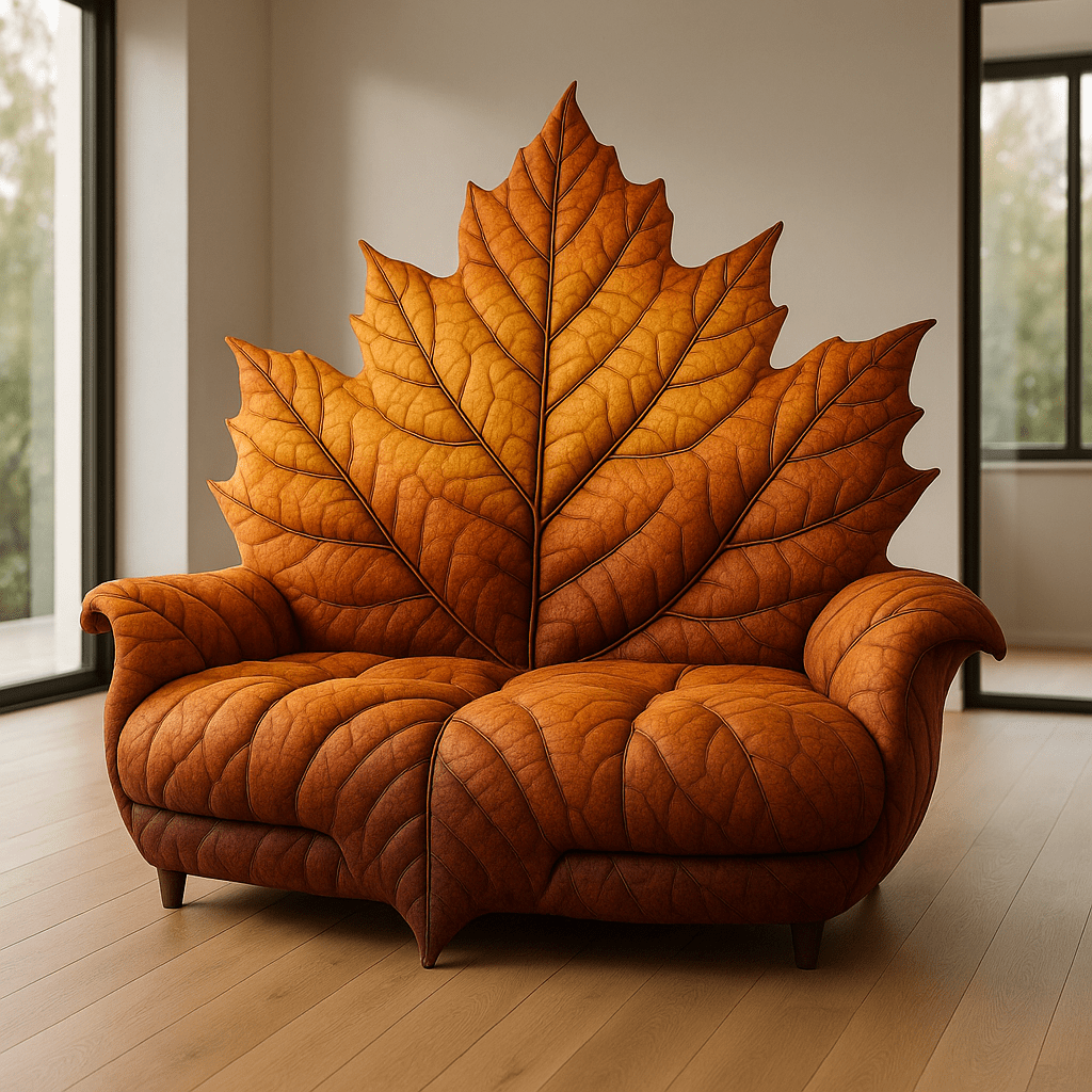 Deep orange and burnt-toned leaf sofa design inspired by late autumn leaves in stylish home interior.