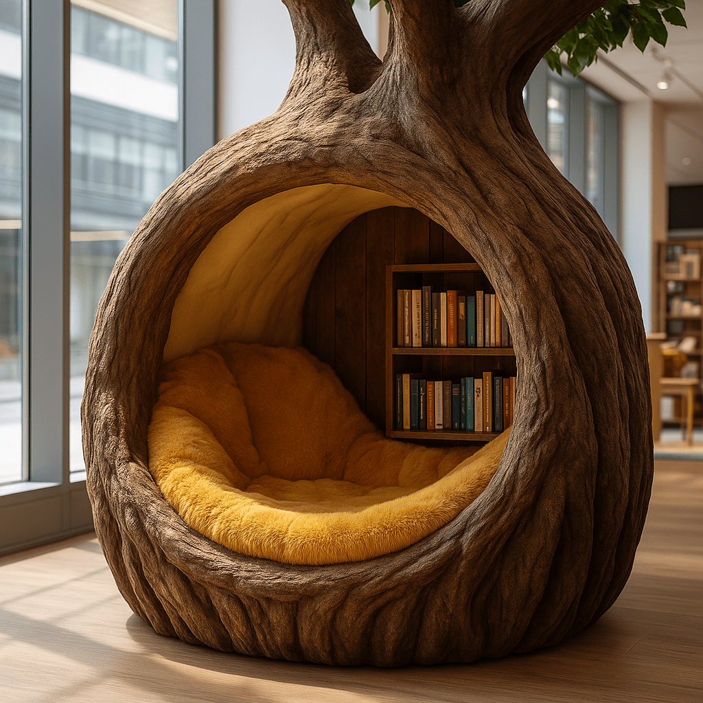 Enchanted tree reading nook featuring golden cushions and integrated bookshelf in a bright modern space.