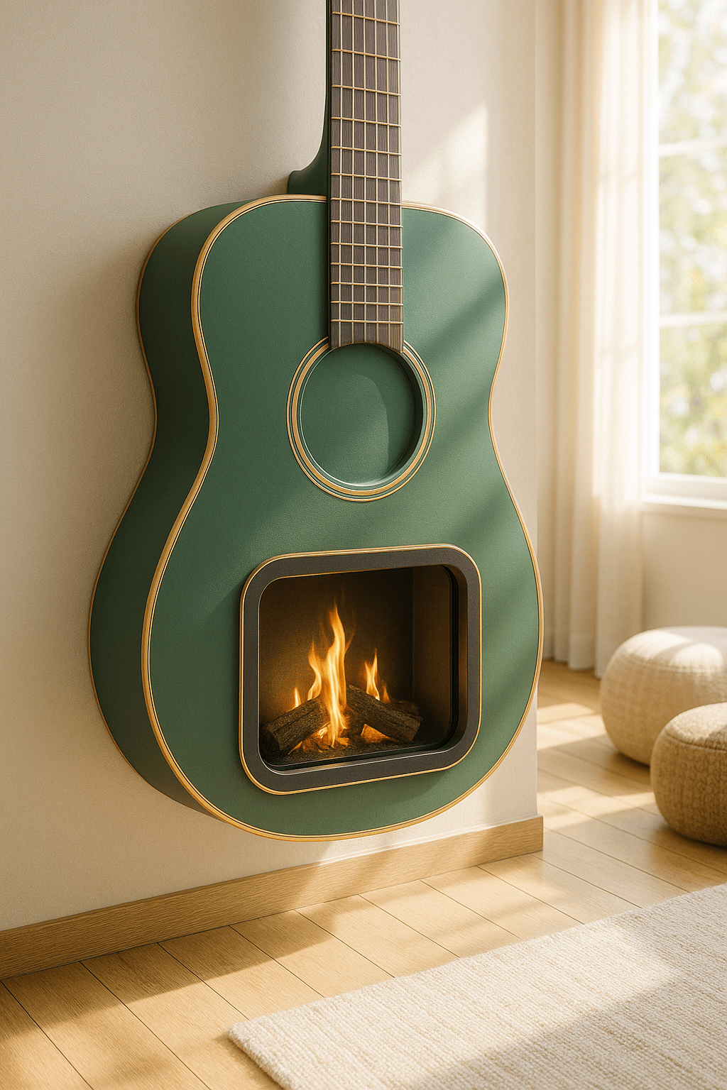 Green acoustic guitar-shaped wall fireplace with flames warming a stylish living space.