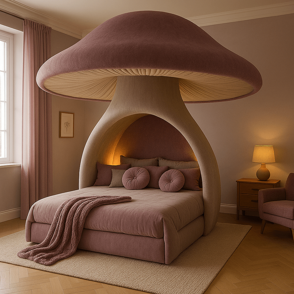 Elegant blush pink mushroom bed with curved canopy and warm ambient lighting.