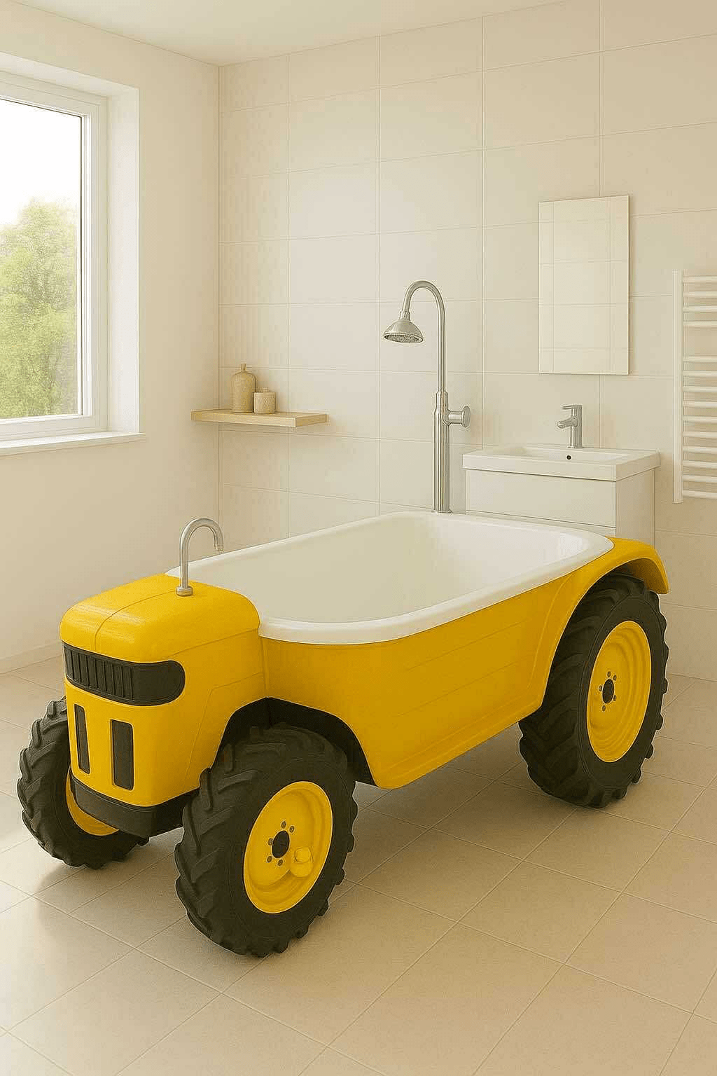 A cheerful yellow tractor-shaped bathtub with black wheels in a bright bathroom.