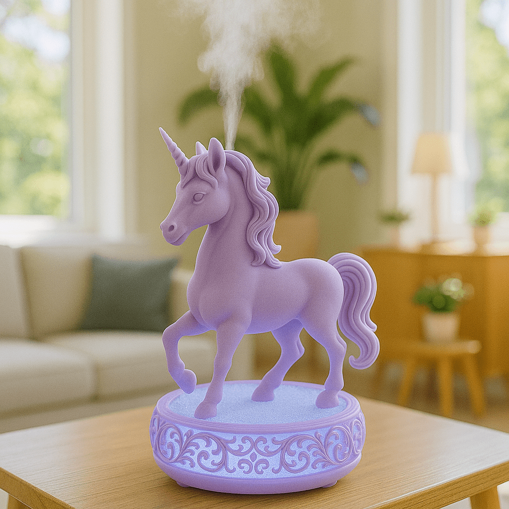 Purple unicorn-shaped humidifier with decorative glowing base releasing steam indoors.