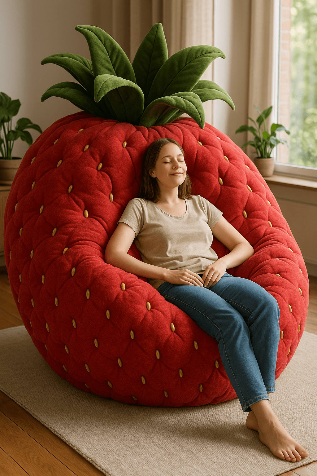 fruit armchairs: Woman sitting on a strawberry-shaped armchair with bright red upholstery and green leafy crown.