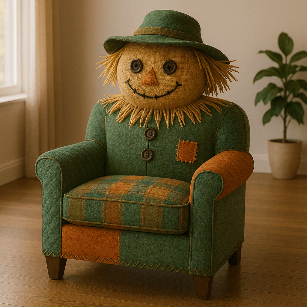Vibrant Scarecrow Chair in green and orange with plaid cushion, scarecrow face, and harvest-inspired detailing.
