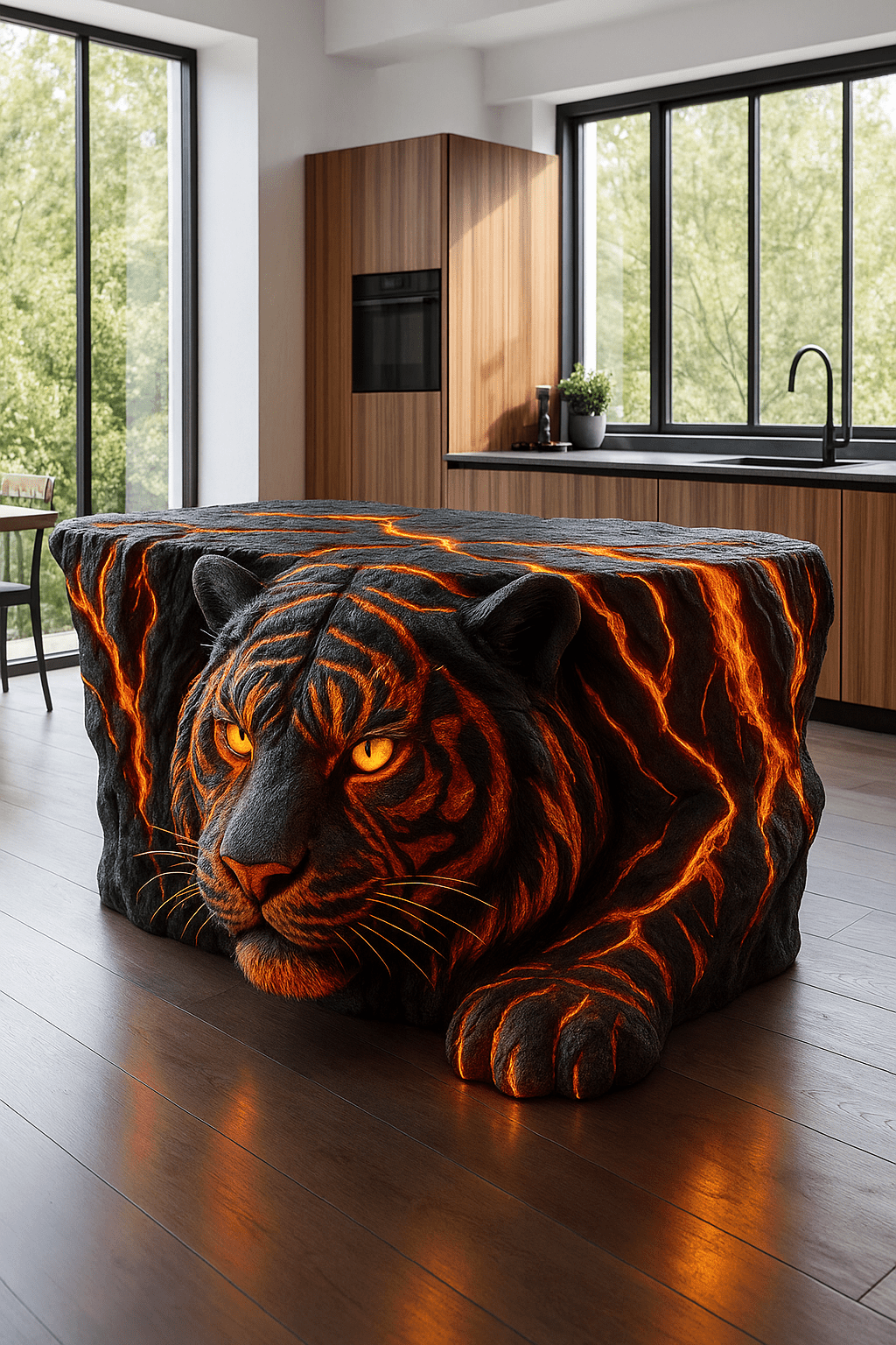 Black volcanic stone kitchen island shaped like a tiger with glowing lava stripes and fierce eyes.