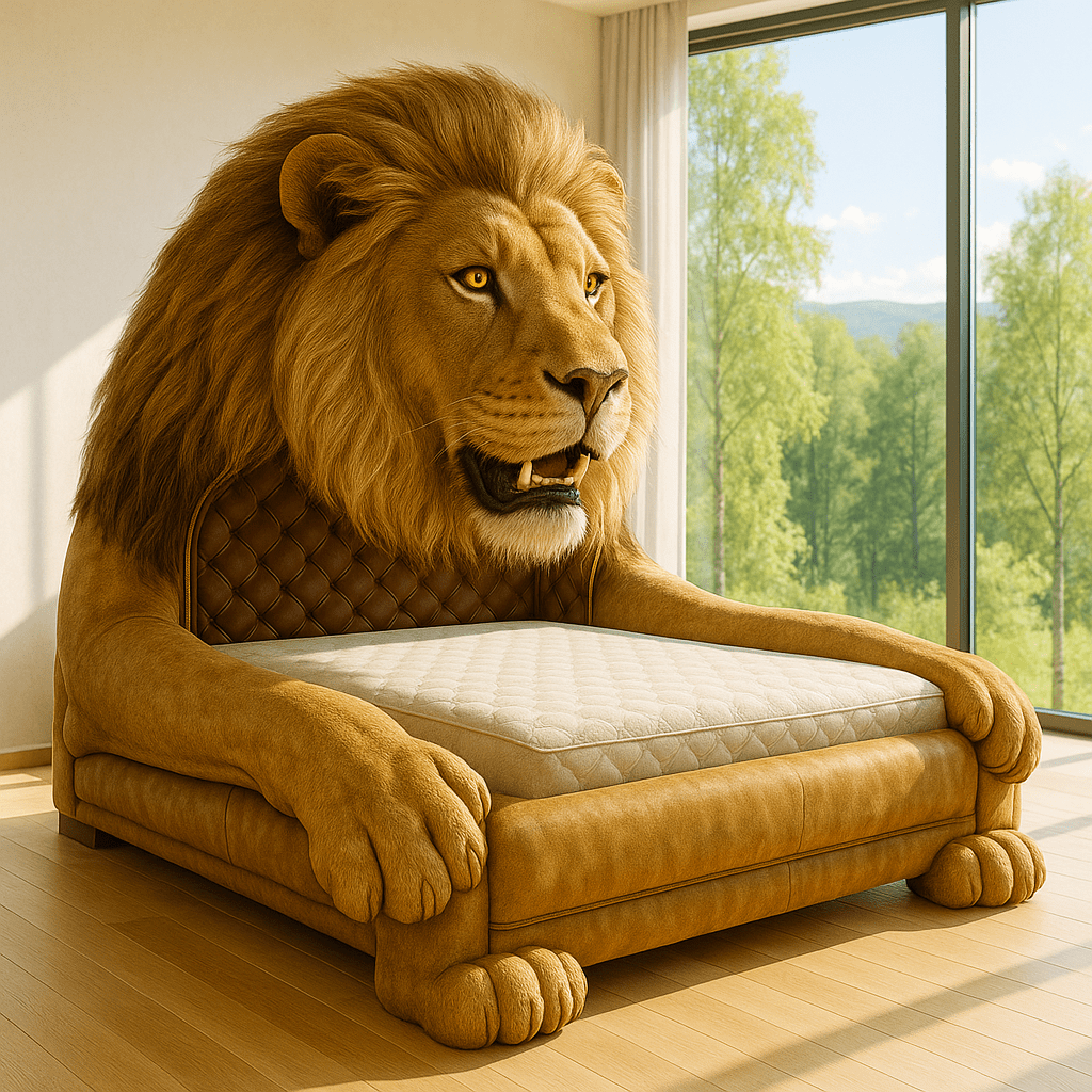 Luxury bed designed as a lion with golden mane in a spacious bedroom.