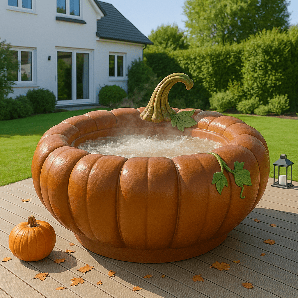 Bronze pumpkin hot tub with sculpted stem and leaves on wooden decking