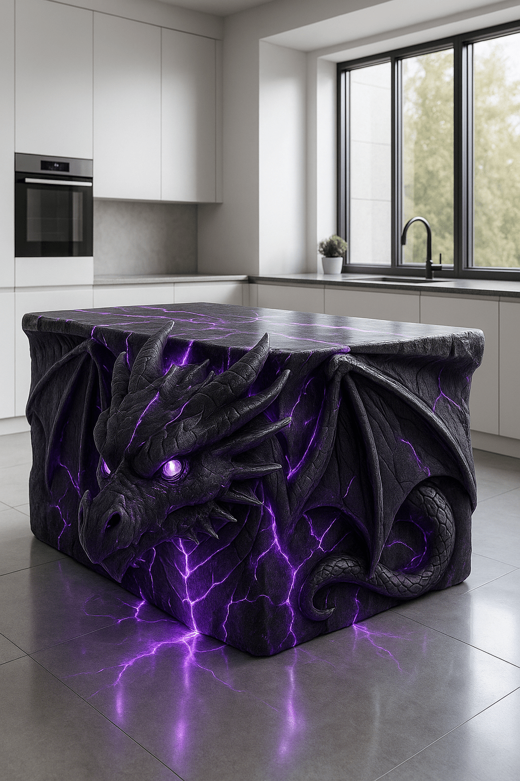 Black dragon kitchen island glowing with purple light veins and intense violet eyes.
