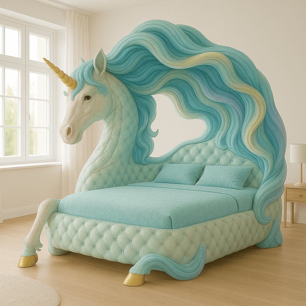 Unicorn bed with cool aqua shades and a flowing pastel mane in a bright room