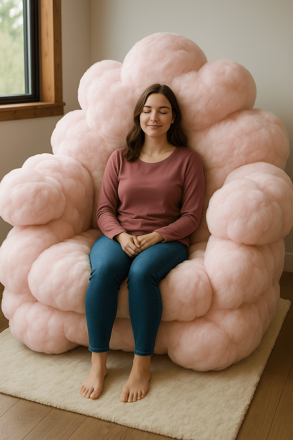 Woman seated in a pastel pink cloud armchair with a soft, rounded cloud design.