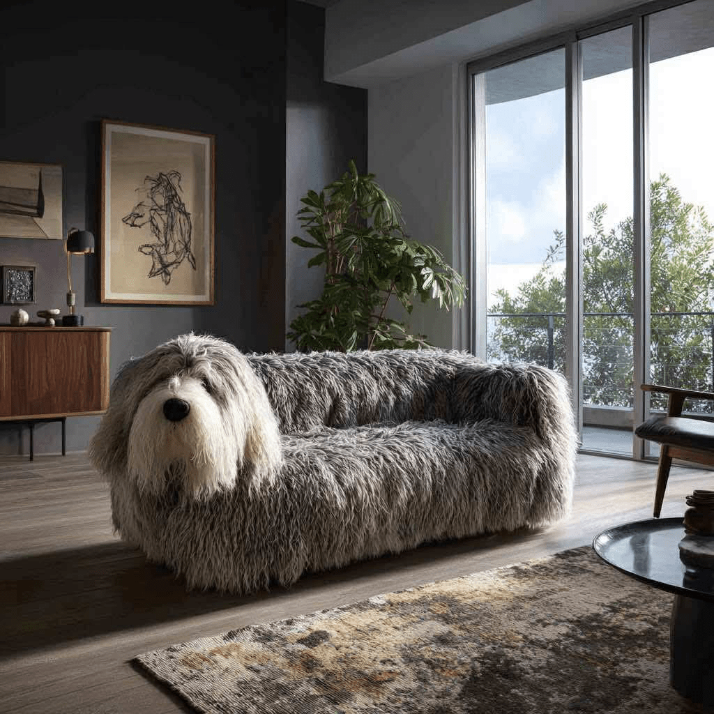Stylish grey dog-inspired sofa with long textured fabric in a sleek modern living space.