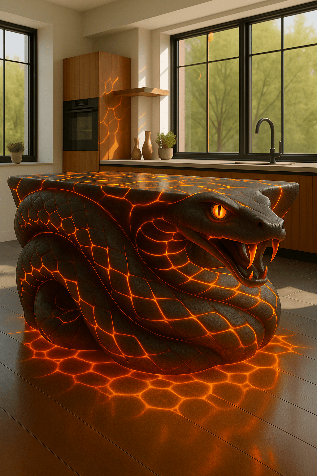 Illuminated snake kitchen island glowing with fiery red light in modern kitchen interior.