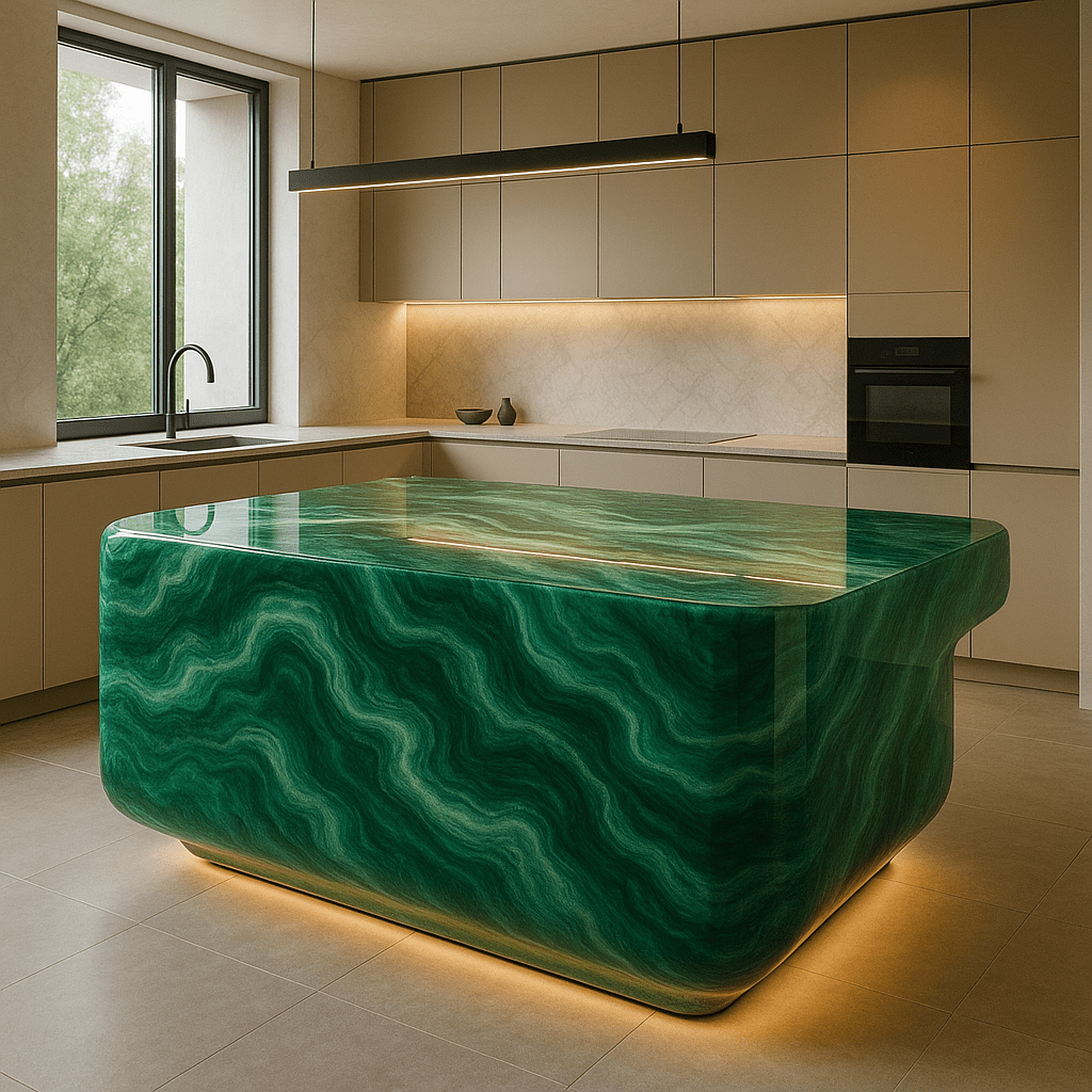 Elegant green gemstone kitchen island with malachite-style patterns in a minimalist beige kitchen interior