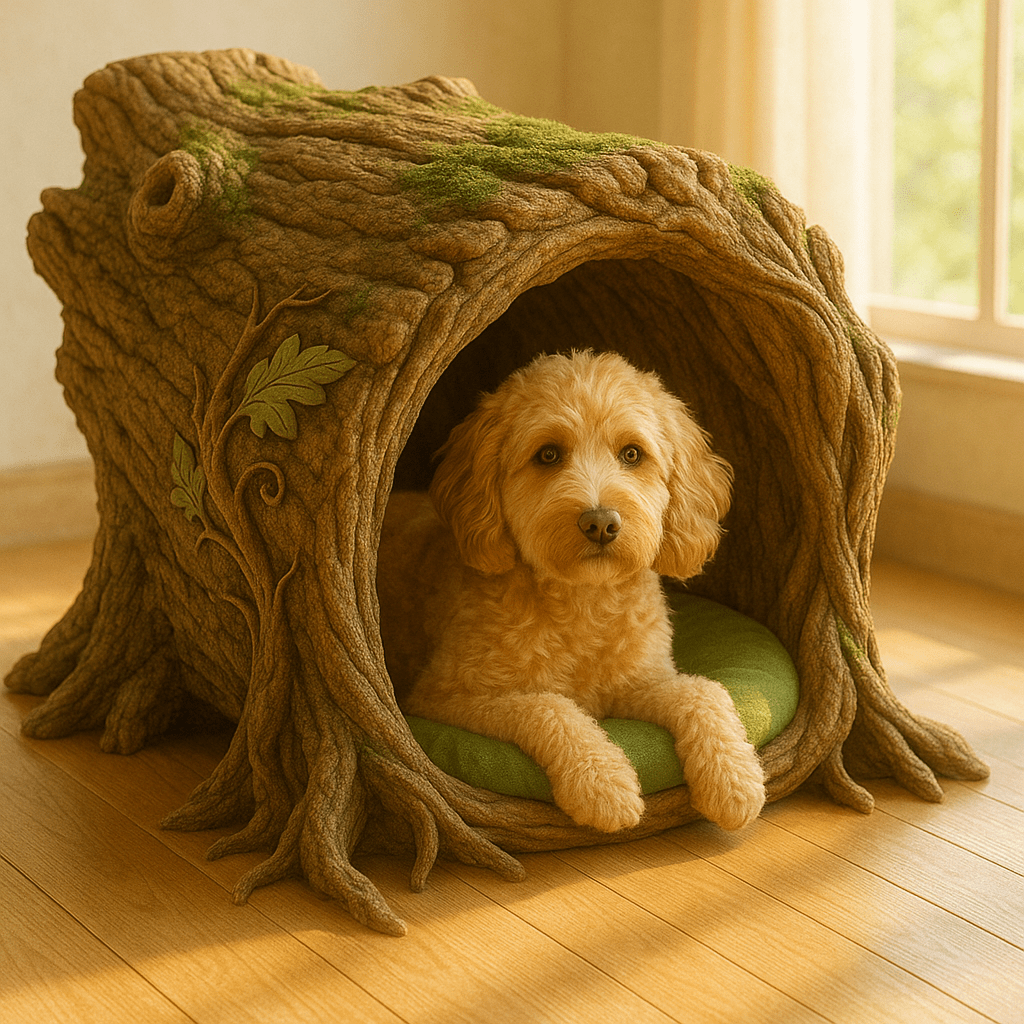 Small fluffy dog resting on a cushion inside a tree trunk-style pet bed with carved leaf designs