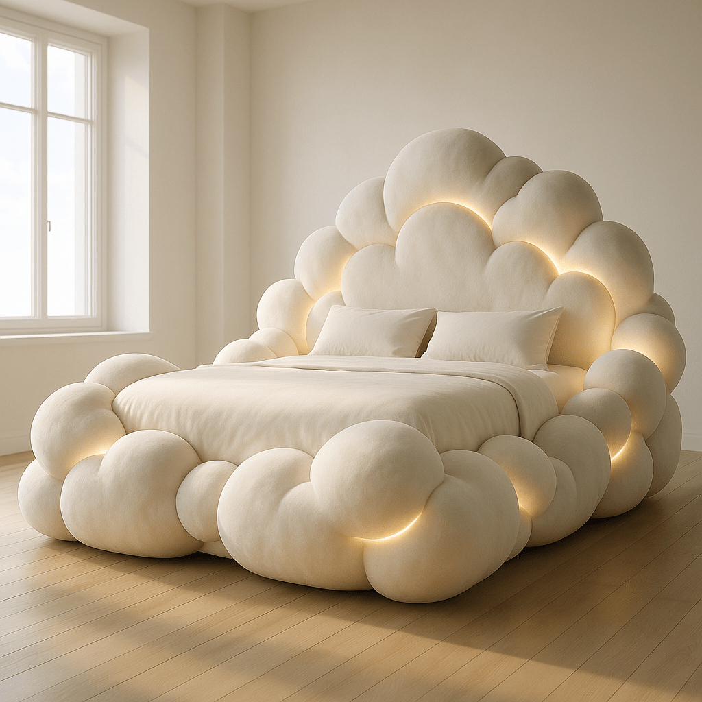Elegant ivory cloud bed with glowing details in a bright, minimalist bedroom with wooden flooring.
