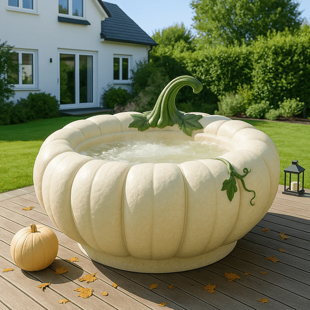 White pumpkin hot tub with green stem and bubbling water outdoors