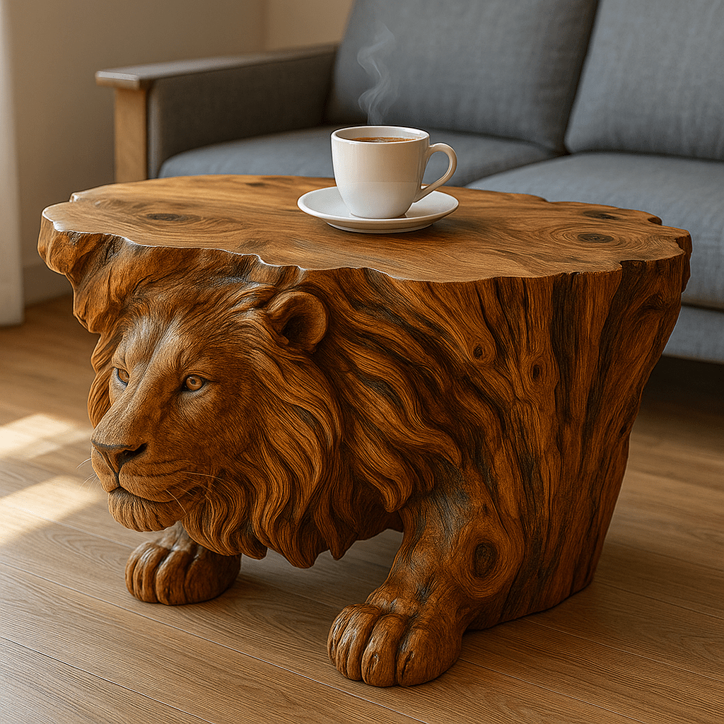 Wooden lion coffee table with carved mane and a cup of tea placed on top.
