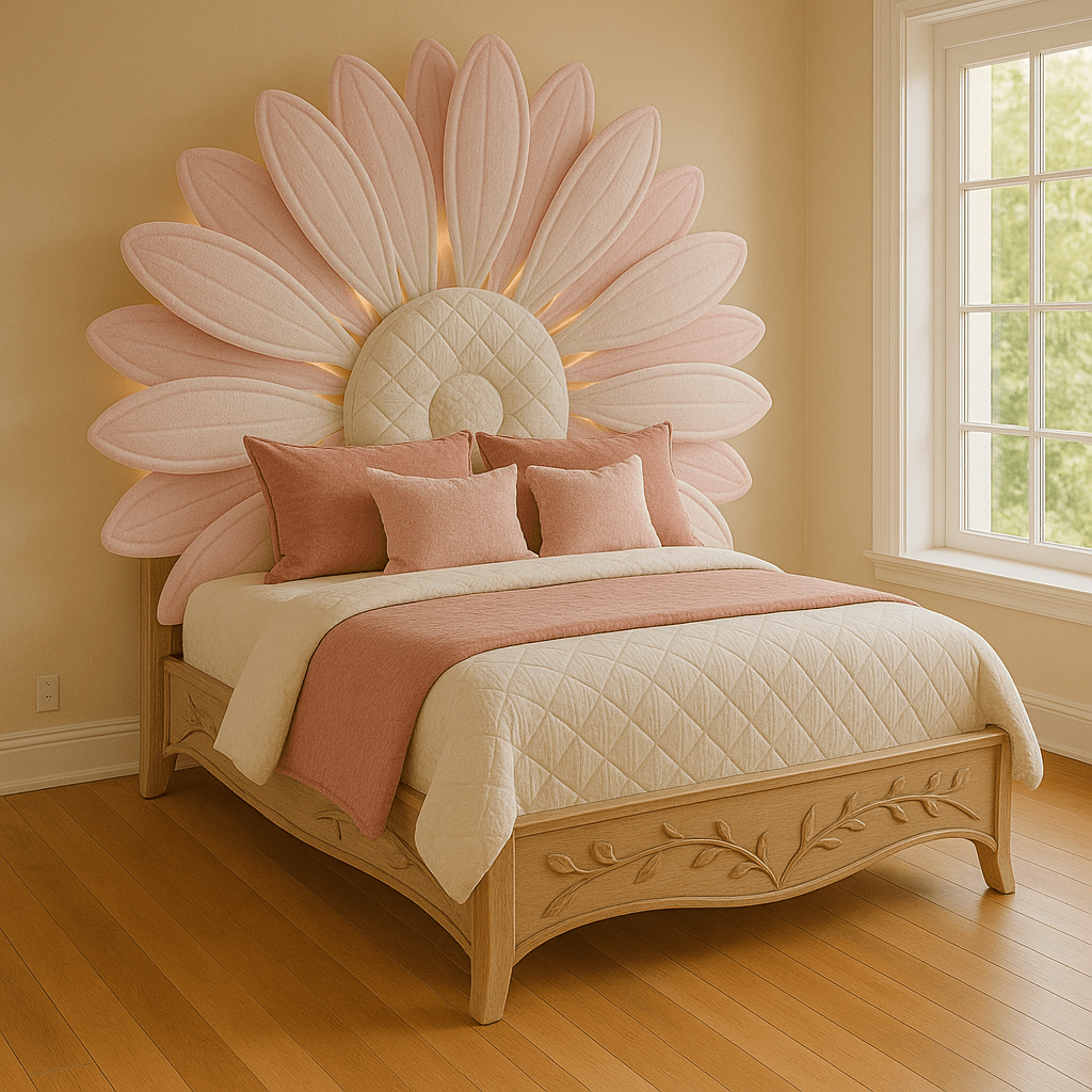 Elegant daisy-shaped bed with pastel pink petals and soft cream bedding