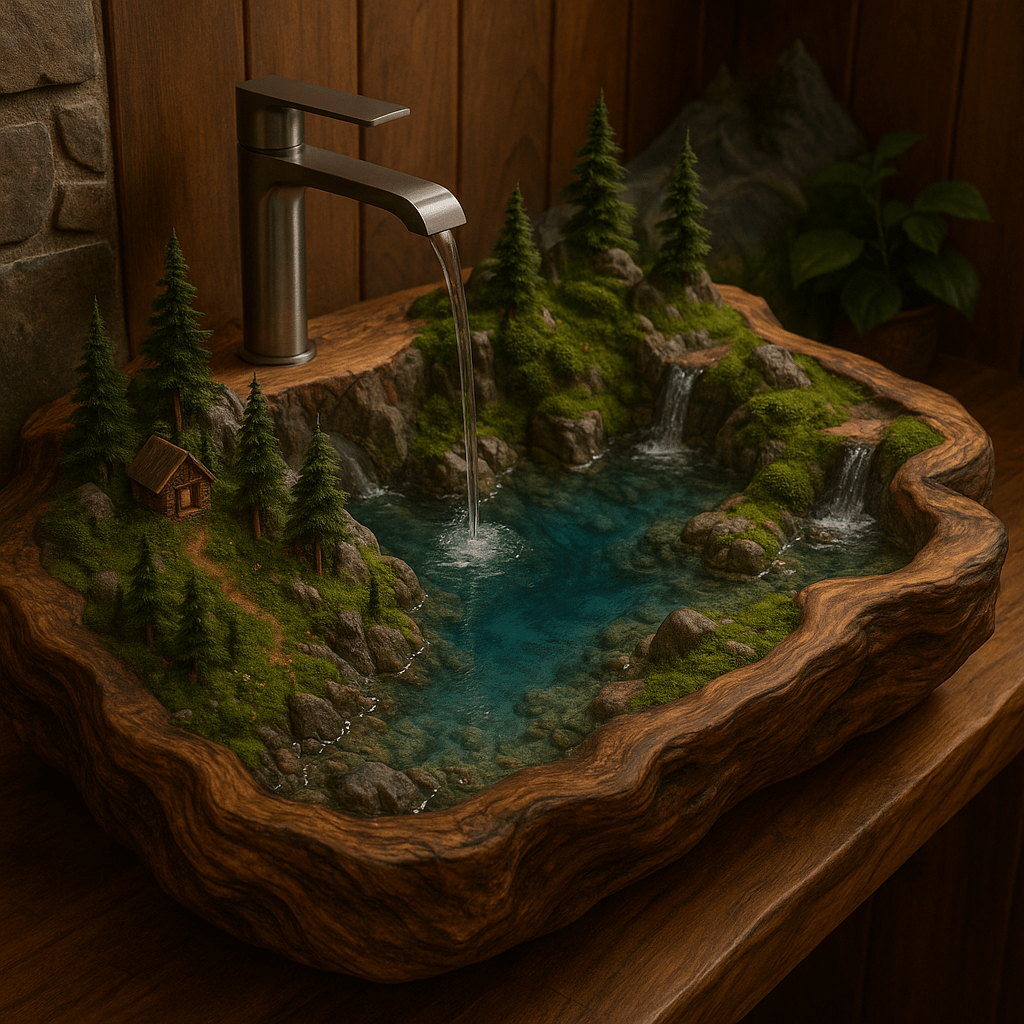 A fantasy bathroom sink designed as a woodland retreat with pine trees, moss, waterfalls, and a miniature cabin.